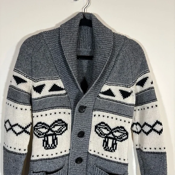 TNA 100% Lambswool Shawl Collar Cardigan Grey Cream Womens Size XS - Picture 2 of 10